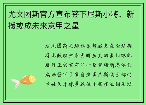 尤文图斯官方宣布签下尼斯小将，新援或成未来意甲之星
